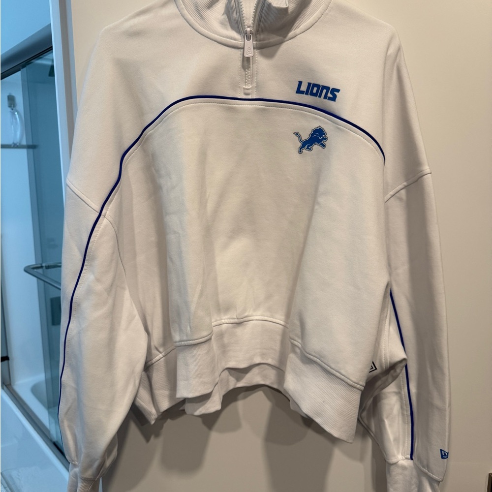 New Era White Detroit Lions Pullover Sweatshirt with Blue Trim